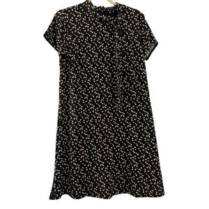 ANN TAYLOR shift dress, size 10, black, small florals,short sleeves, tie neck
